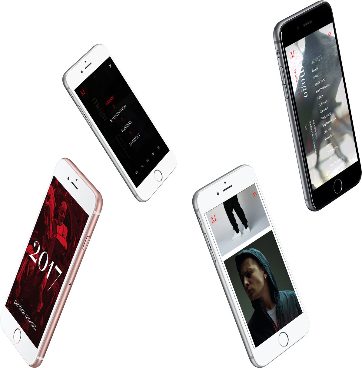 Multiple iPhones floating around with screenshots of the mobile page mago.design